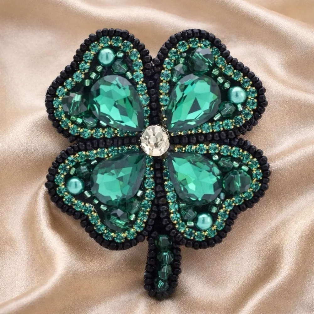 Green Clover Leaf Crystal Luck Brooch